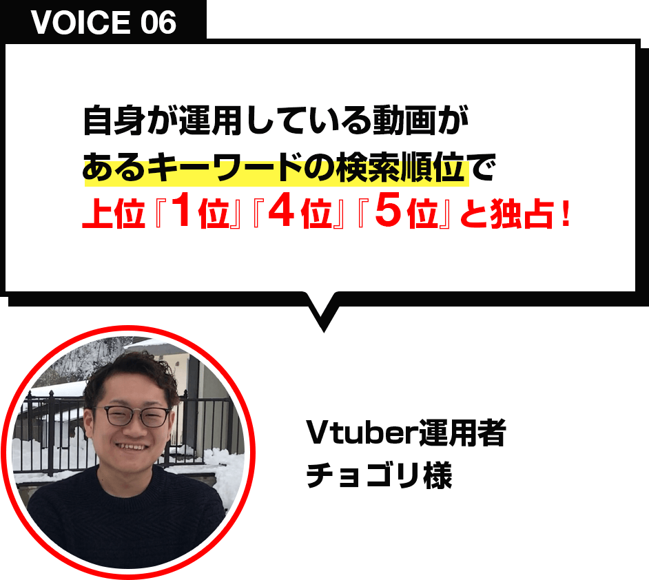 自身が運用している動画があるキーワードの検索順位で
								上位『1位』『４位』『５位』と独占！/Vtuber運用者 チョゴリ様